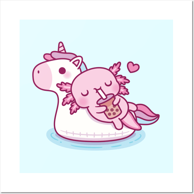 Cute Axolotl Chilling On Unicorn Pool Float Drinking Bubble Tea Wall Art by rustydoodle